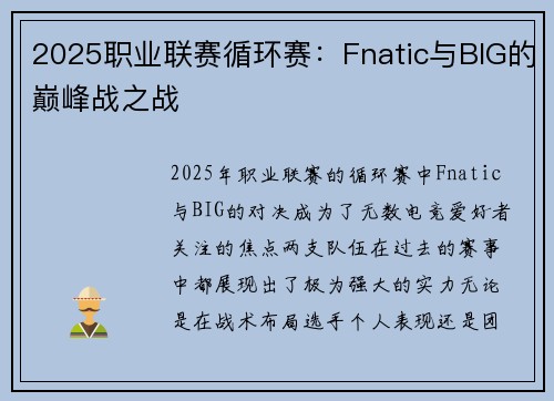 2025职业联赛循环赛：Fnatic与BIG的巅峰战之战