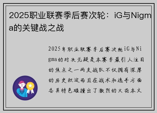 2025职业联赛季后赛次轮：iG与Nigma的关键战之战